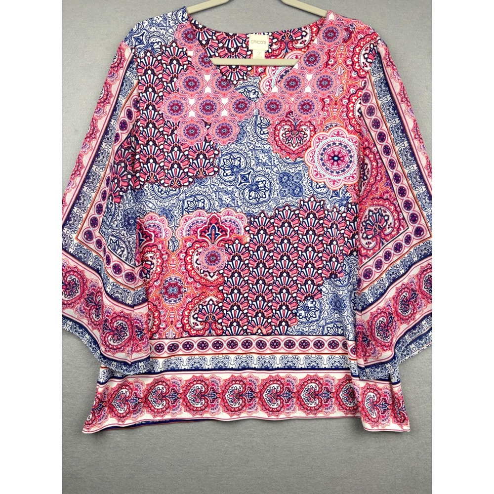 Chicos Blouse Womens 2 L 12 Paisley Kimono Sleeve Medallion Print Boho Chic